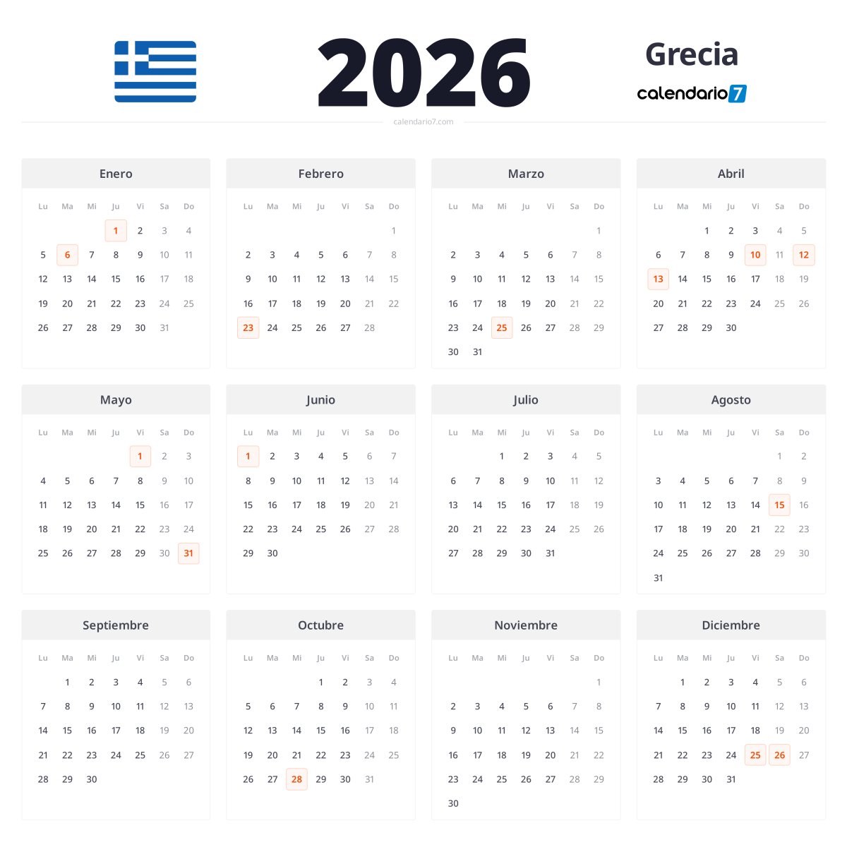 Calendario Grecia 2026 Grecia 2026 Calendario 1