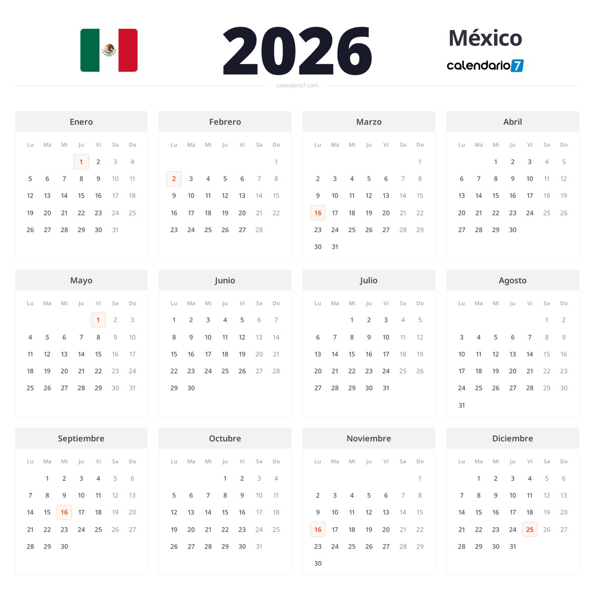 Calendario México 2026