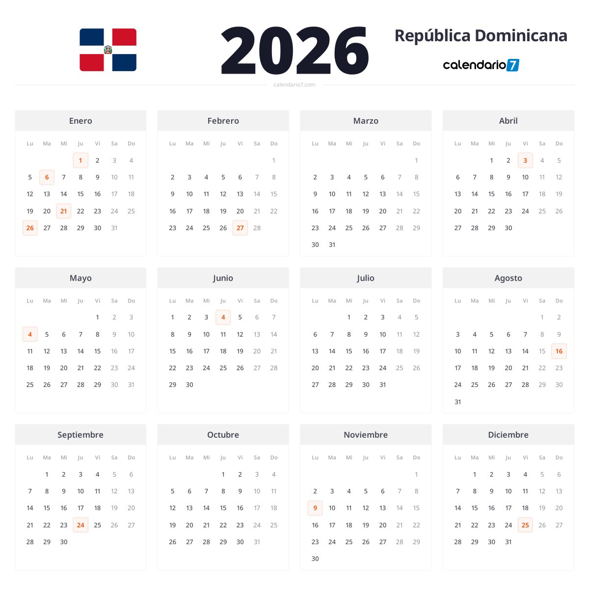Calendario República Dominicana 2026